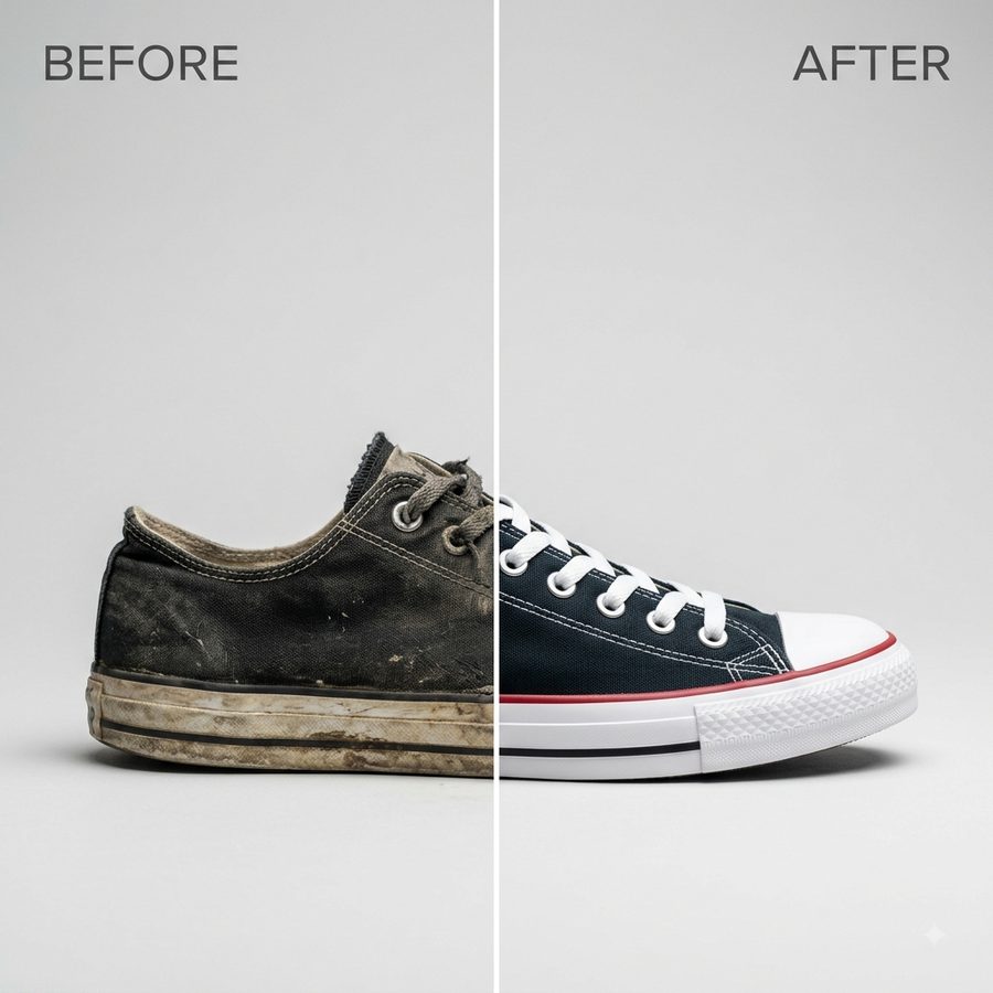 Ilustrasi before-after cuci sneakers hitam